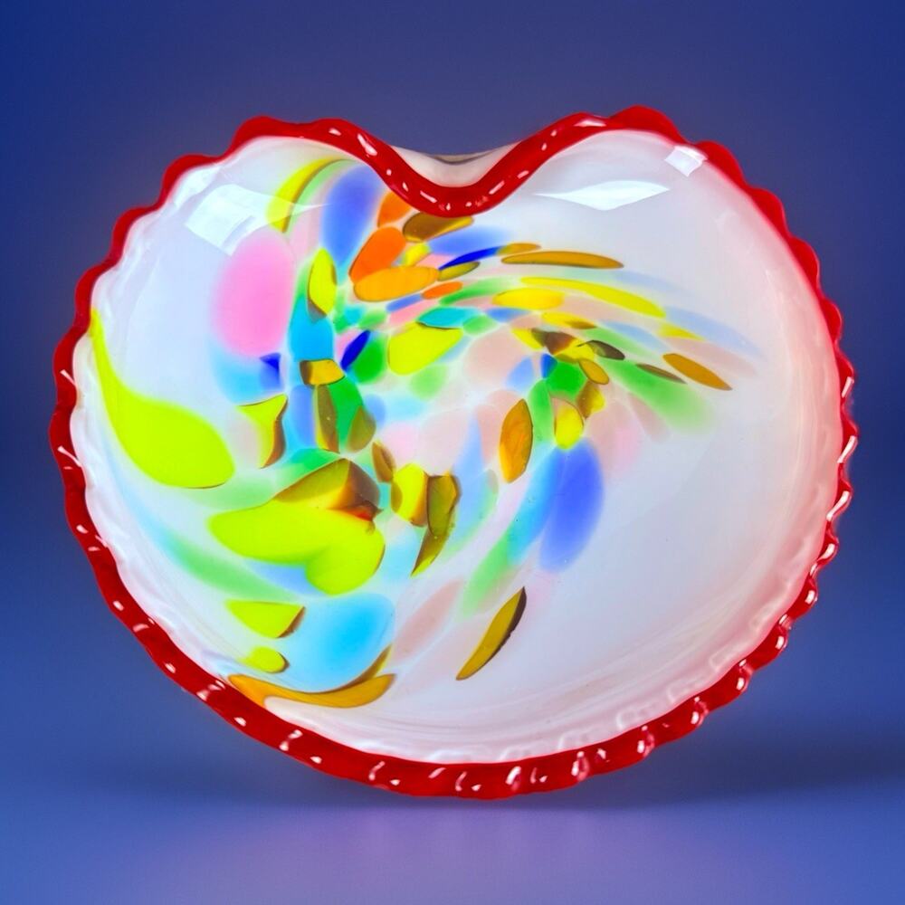 Vintage Murano Art Glass Dish Bowl Ashtray MCM Multicolor Confetti Raised Trim